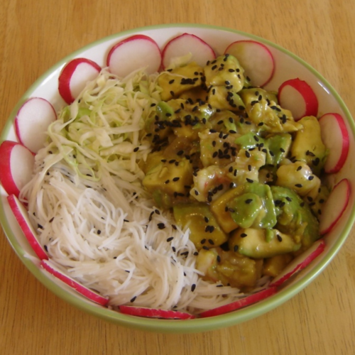 avocado shrimp and wasabi noodles